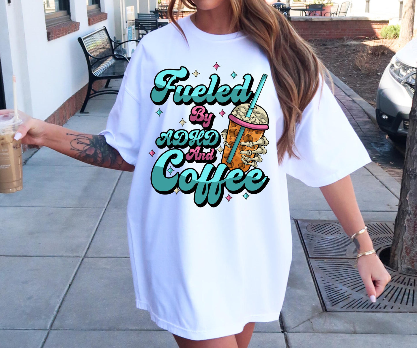 Fueled by ADHAD and Iced COffee T-shirt Png Design, Retro Hippy Sublimation, Funny Mental health Digital Download PNG File, Commercial Use