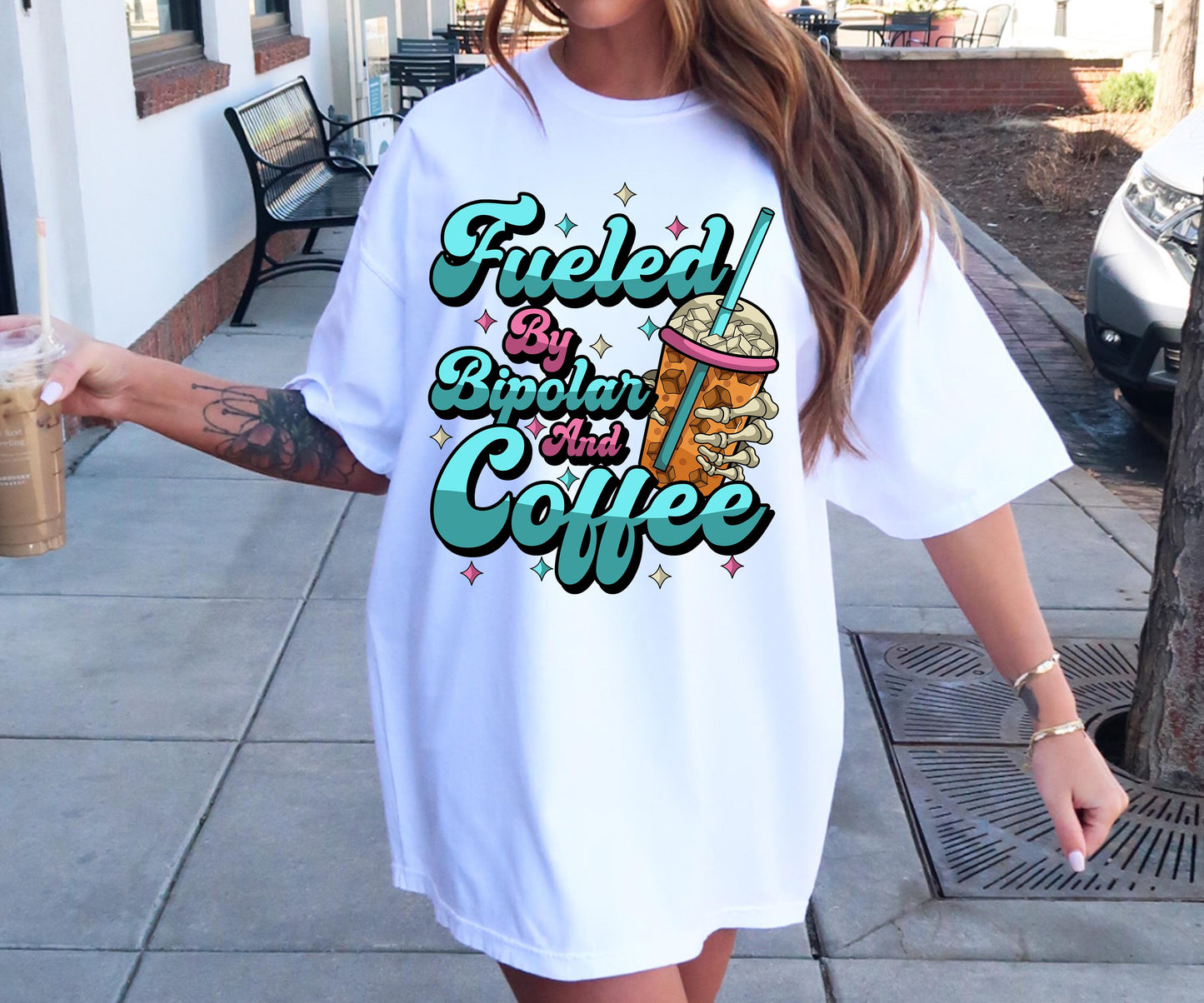 Fueled by Bipolard and COffee T-shirt Png Design, Retro Skeleton Sublimation, Funny Mental health Digital Download PNG File, Commercial Use