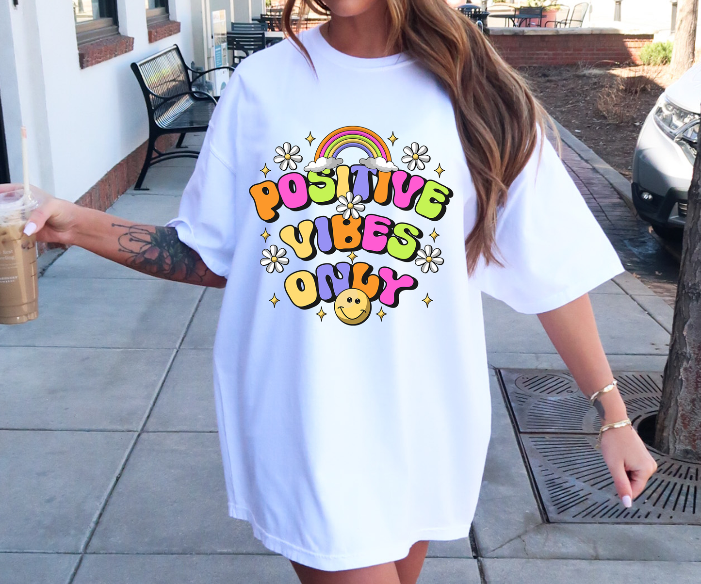 Positive Vibes Only Rainbow Emoji T-shirt PNG Design,  Sublimation Tee Motivational Digital Download PNG File, Commercial Use