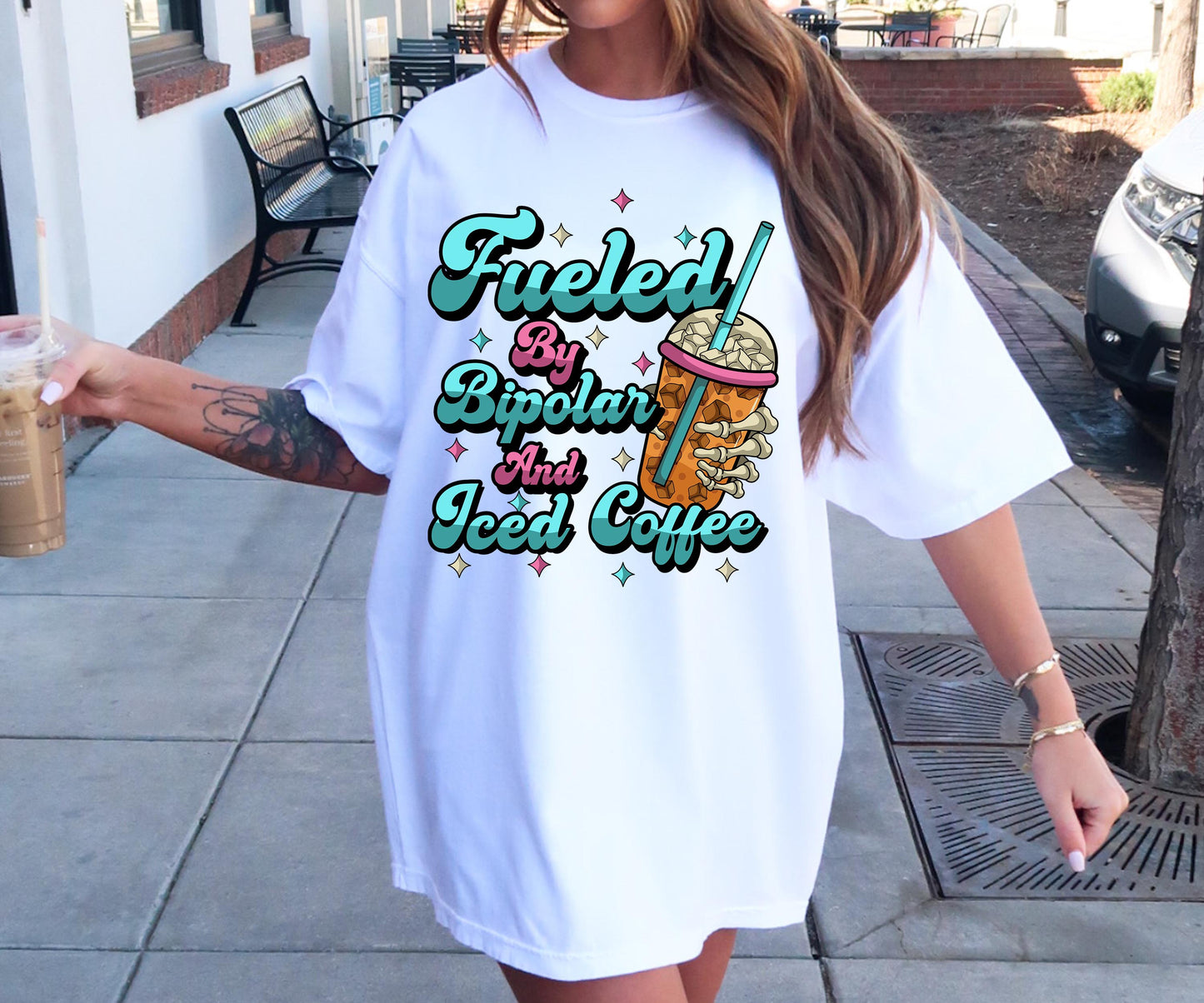 Fueled by Bipolar and Iced Coffee T-shirt Funny  Quote Png, Retro Groovy, Skeleton Png