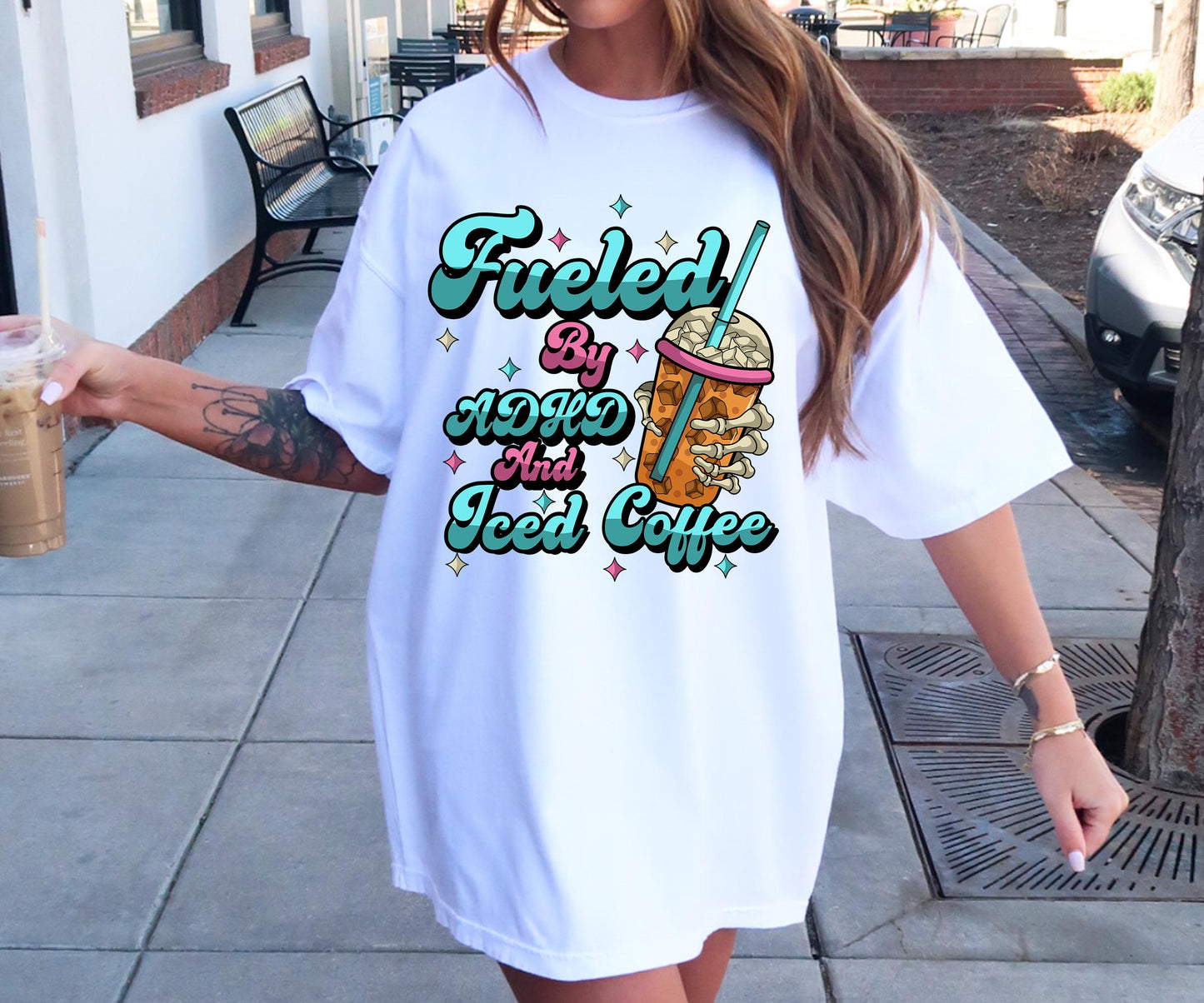 Fueled by ADHD and Iced Coffee T-shirt Funny  Quote Png, Retro Groovy, Skeleton Png