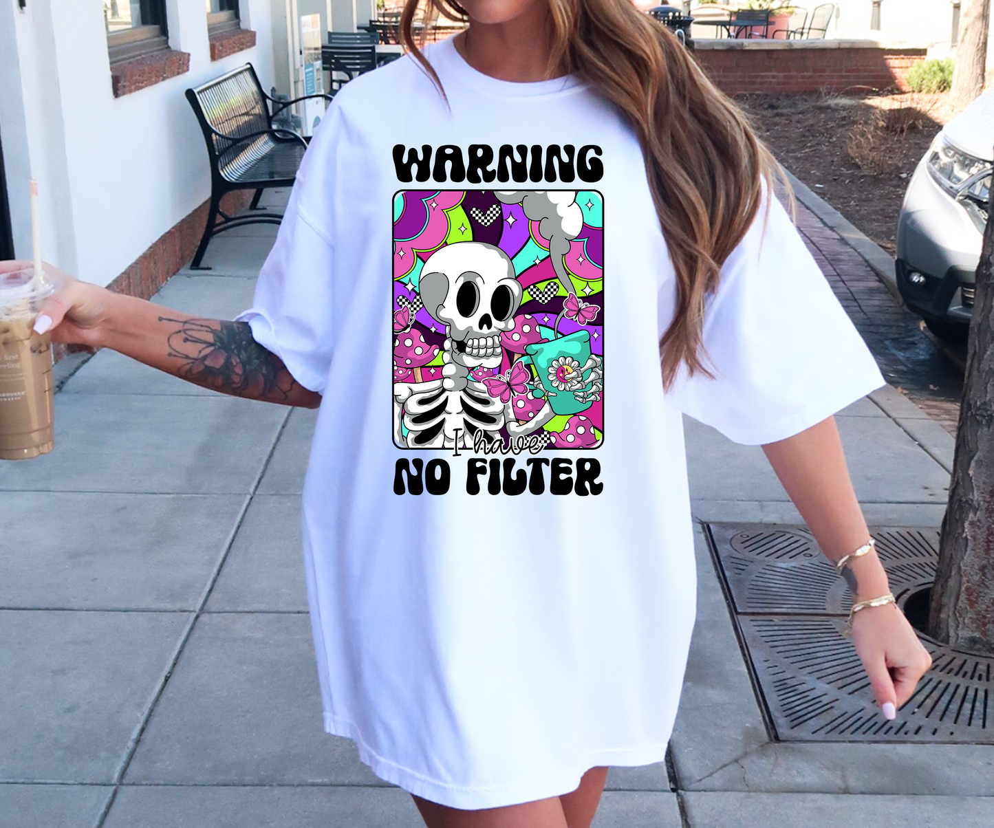 Warning No Filter Rainbow Skeleton T-shirt PNG Design,  Sublimation Tee Motivational Digital Download PNG File, Commercial Use