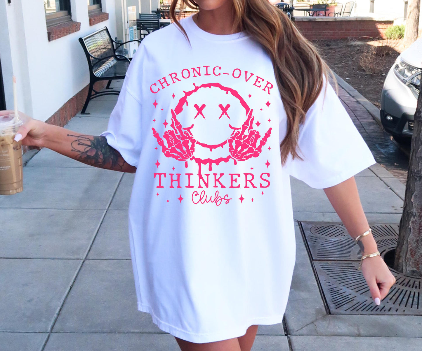 Chronic Overthinkers club T-shirt Png Design, Retro Smile Skeleton Sublimation, Groovy Gothic Digital Download PNG File,