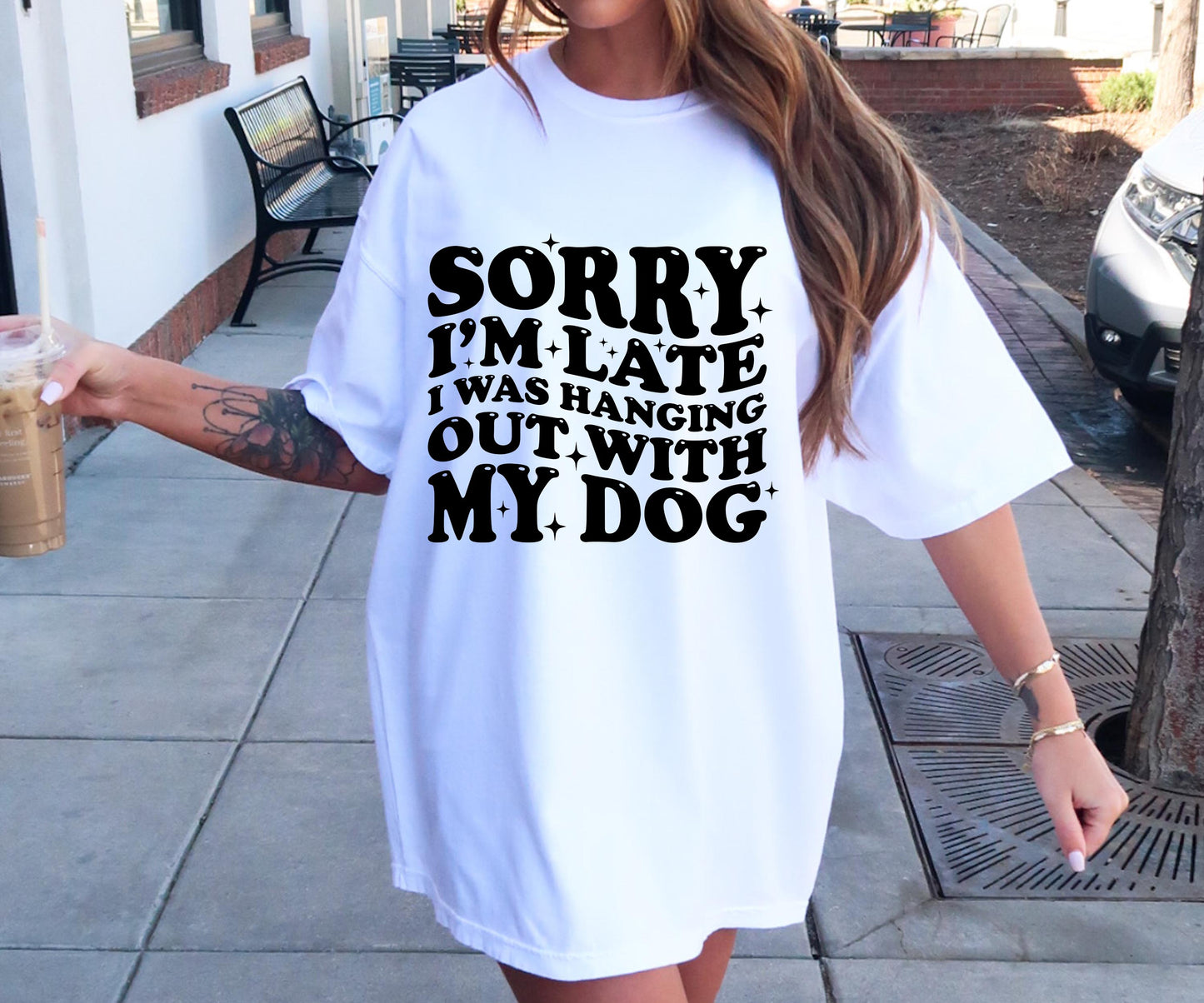 Sorry im late i wa hanging with my dog T-shirt Svg Png Design, Retro Groovy Sublimation, Dog Mom  Digital Download PNG File, Svg File, Commercial Use Matching Pocket Front Back