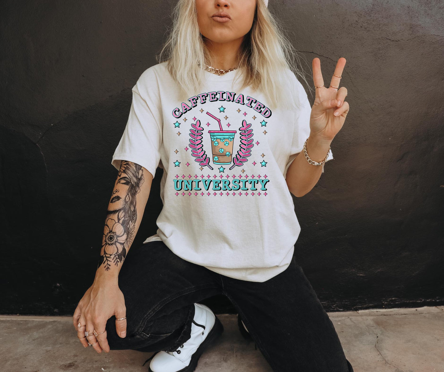 Caffinated University T-shirt Png Design, Retro Hippy Sublimation, Funny Mental health Digital Download PNG File, Commercial Use