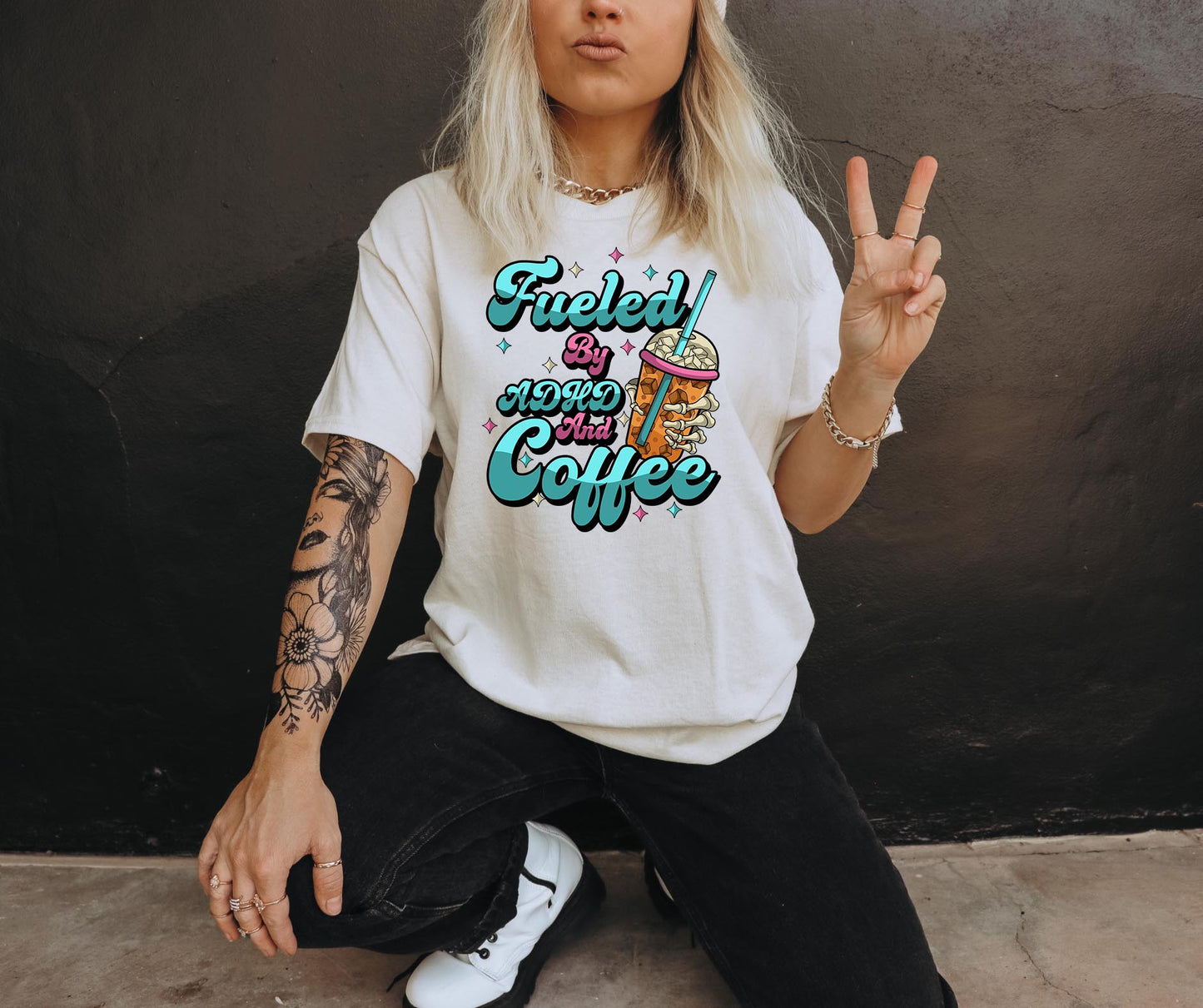 Fueled by ADHAD and Iced COffee T-shirt Png Design, Retro Hippy Sublimation, Funny Mental health Digital Download PNG File, Commercial Use