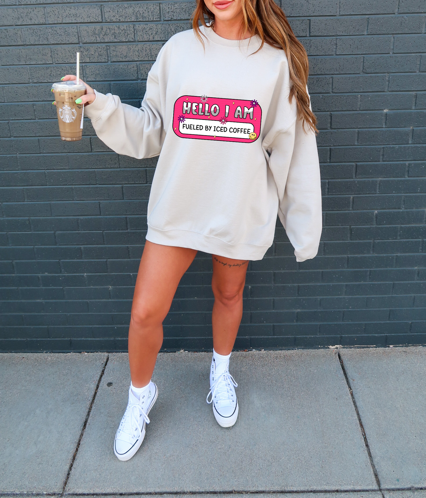 Hello I Am Fueled By Iced Coffee Name Tag T-shirt PNG Design,  Sublimation Tee Motivational Digital Download PNG File, Commercial Use