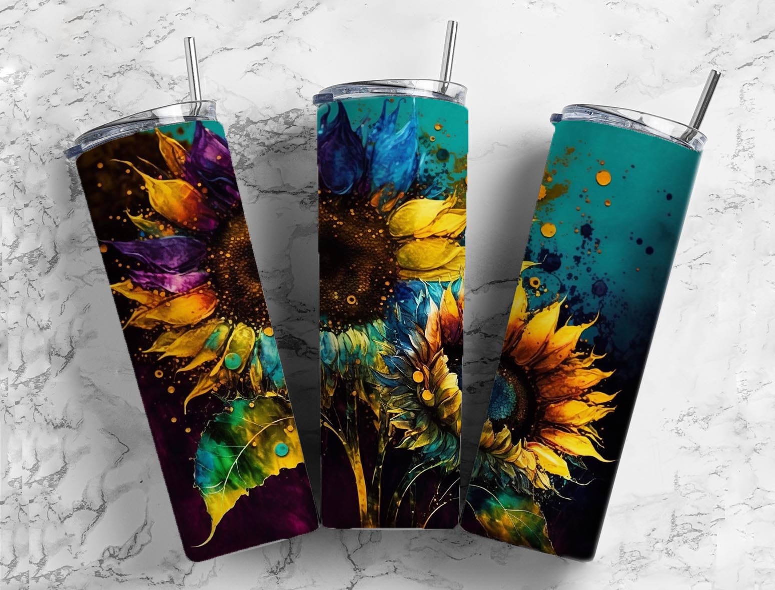 Alcohol Ink Sunflower 20oz Sublimation Tumbler Designs, Bright Colorful 9.2 x 8.3” Straight Skinny Tumbler Wrap PNG, Sublimation Design PNG - Tumblerwrapdesigns