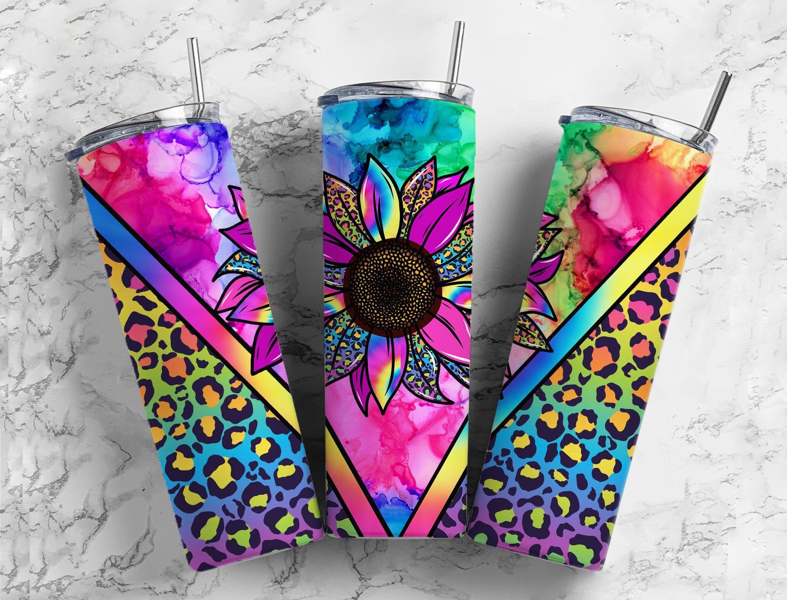 Alcohol Ink Sunflower 20oz Sublimation Tumbler Designs, Western Sunflower 9.2 x 8.3” Straight Skinny Tumbler Wrap PNG, Leopard Sublimation - Tumblerwrapdesigns