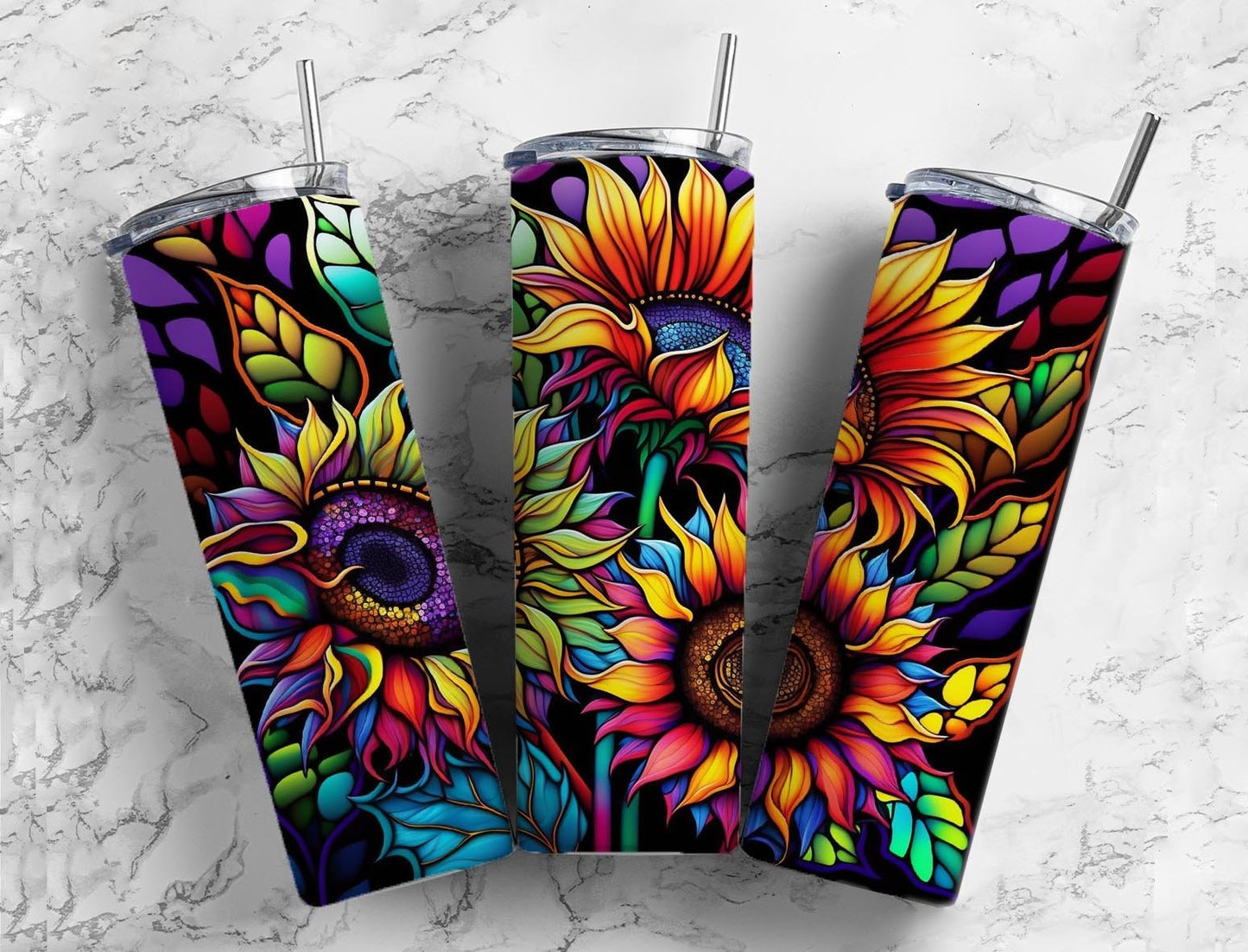 Alcohol Ink Sunflowers 20oz Sublimation Tumbler Designs, Neon Rainbow 9.2 x 8.3” Straight Skinny Tumbler Wrap PNG, Sublimation Design PNG - Tumblerwrapdesigns