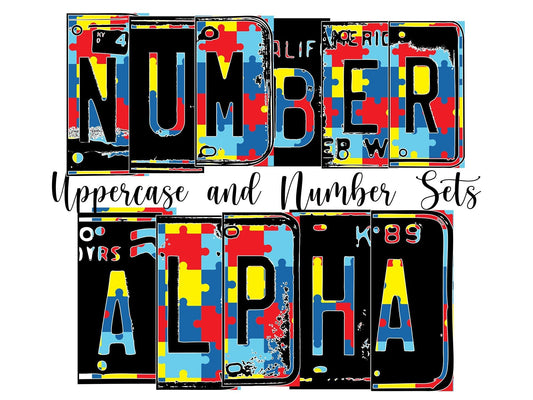 Autism Puzzle Number Plate Alphabet Uppercase Numbers PNG, Awareness Alphabet PNG Digital Download - Tumblerwrapdesigns