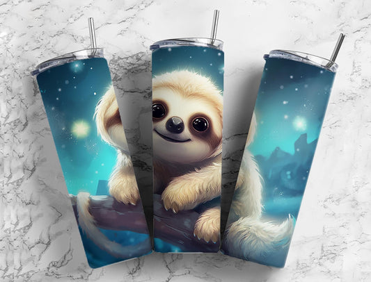 baby sloth 20oz Sublimation Tumbler Designs, night sky 9.2 x 8.3” Straight Skinny Tumbler Wrap PNG - Tumblerwrapdesigns