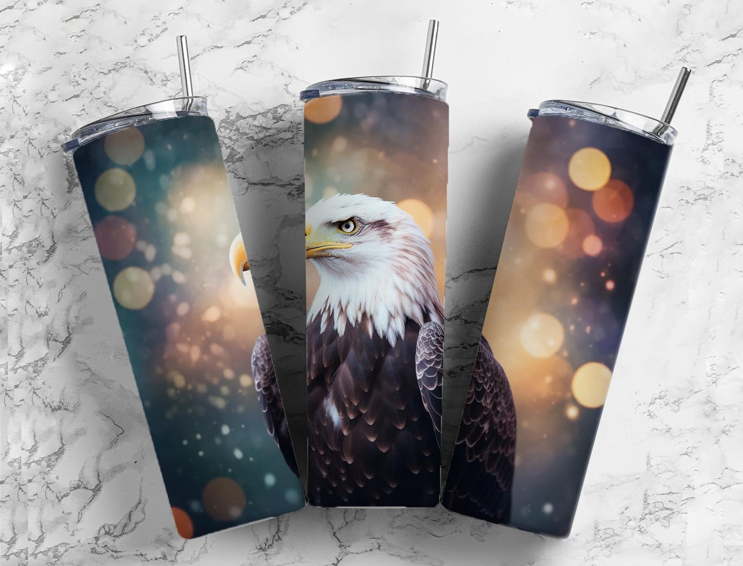 bald eagle 20oz Sublimation Tumbler Designs, firefly bokeh 9.2 x 8.3” Straight Skinny Tumbler Wrap PNG - Tumblerwrapdesigns