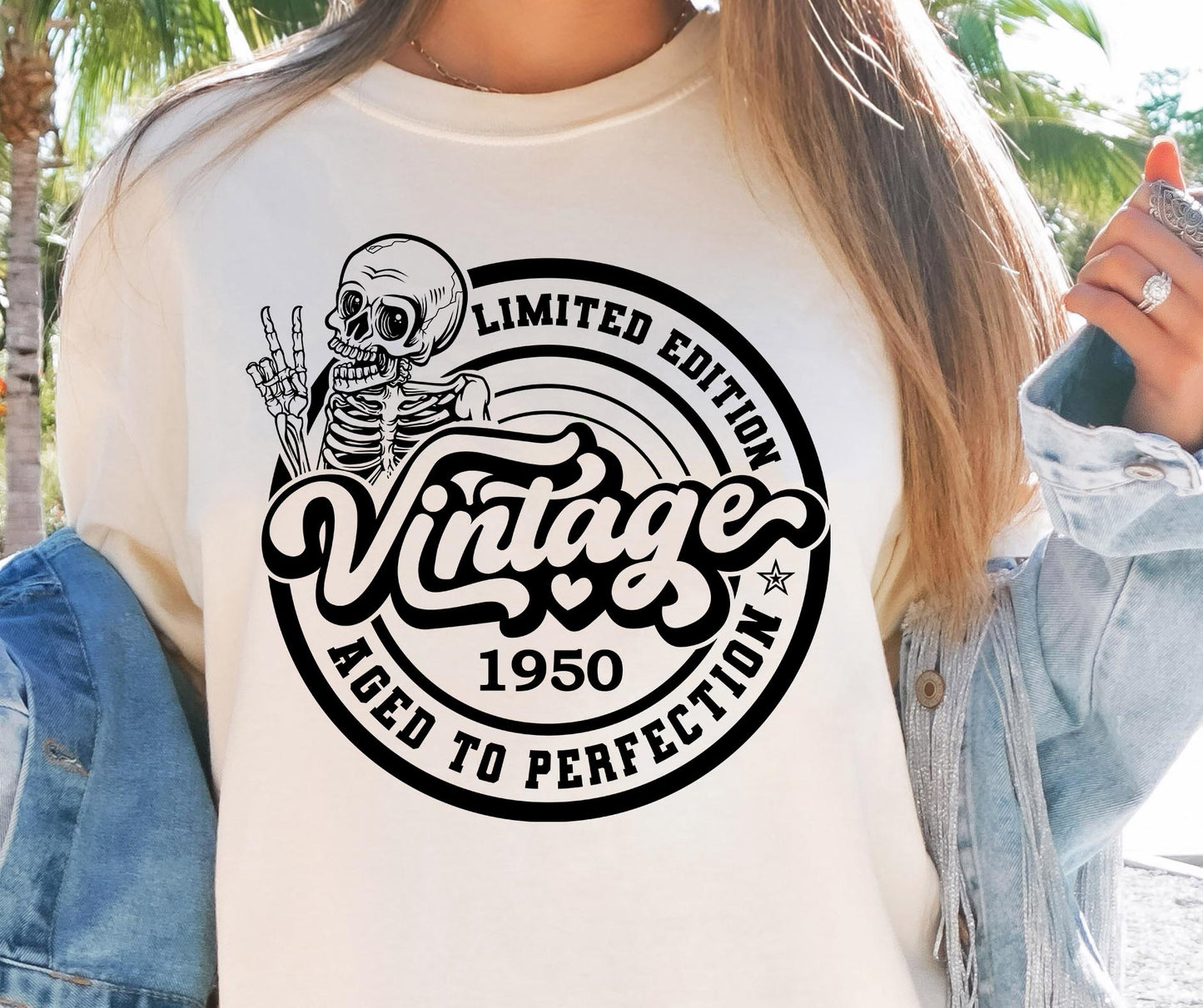 AGED TO PERFECTION WITH SKULL 1950 SVG and PNG Vintage, Retro Skeleton T-shirt Design, Age + Birth Year, Svg Files For Cricut, Silhouette, Digital Download (1)