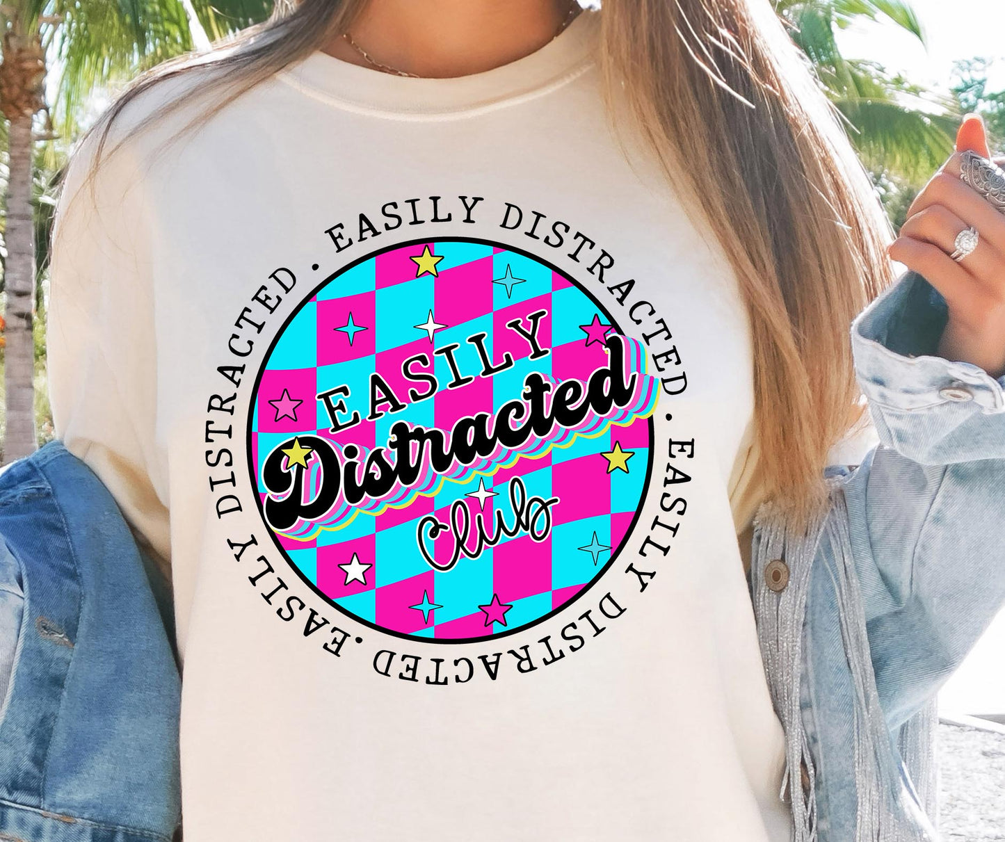 Easily Distracted Club T-shirt Png Design, Retro Hippy Sublimation, Funny Mental health Digital Download PNG File, Commercial Use