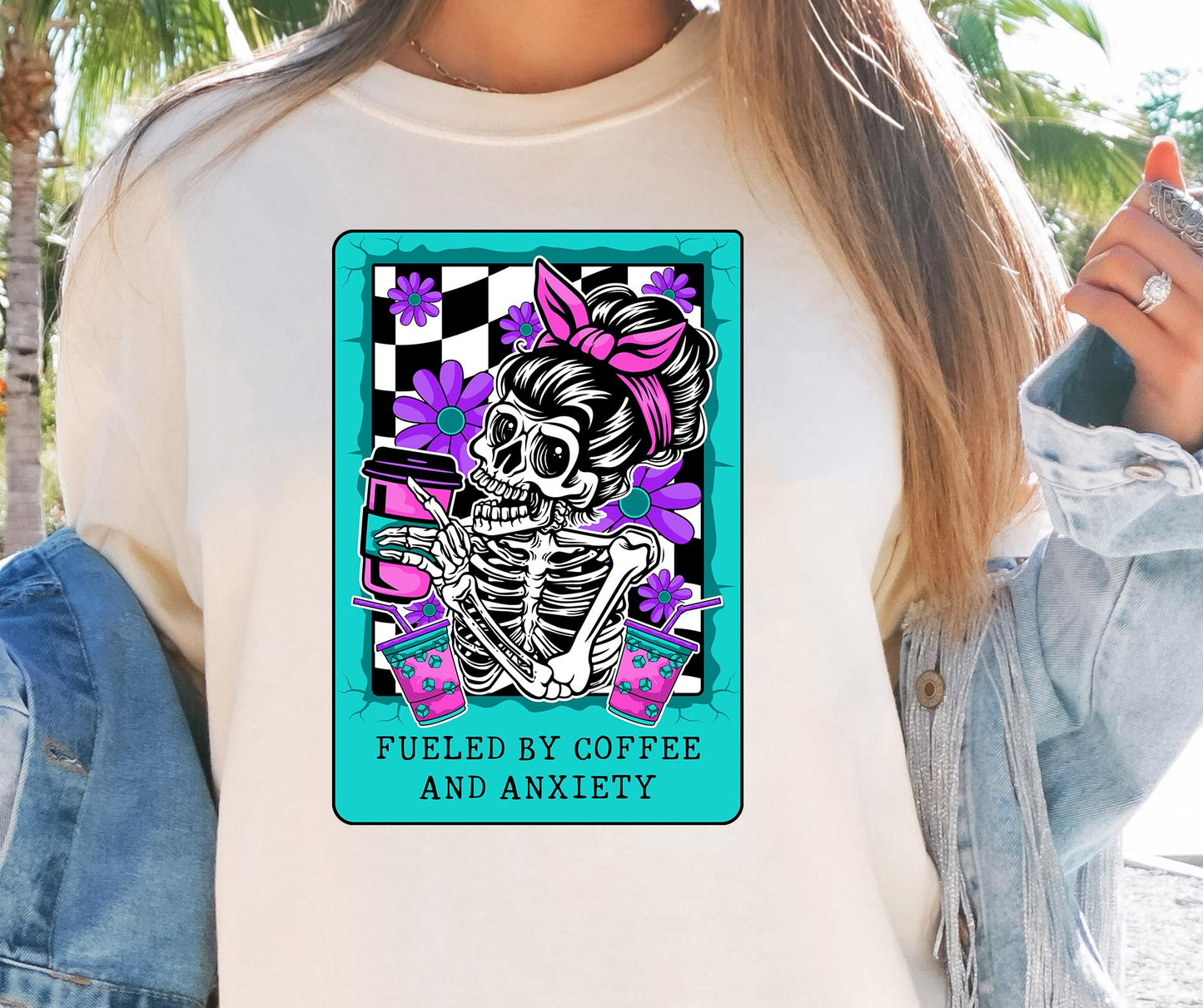 Fueled by Coffee and Anxiety Card T-shirt Png Design, Retro Hippy Sublimation, Skeleton Digital Download PNG File, Commercial Use