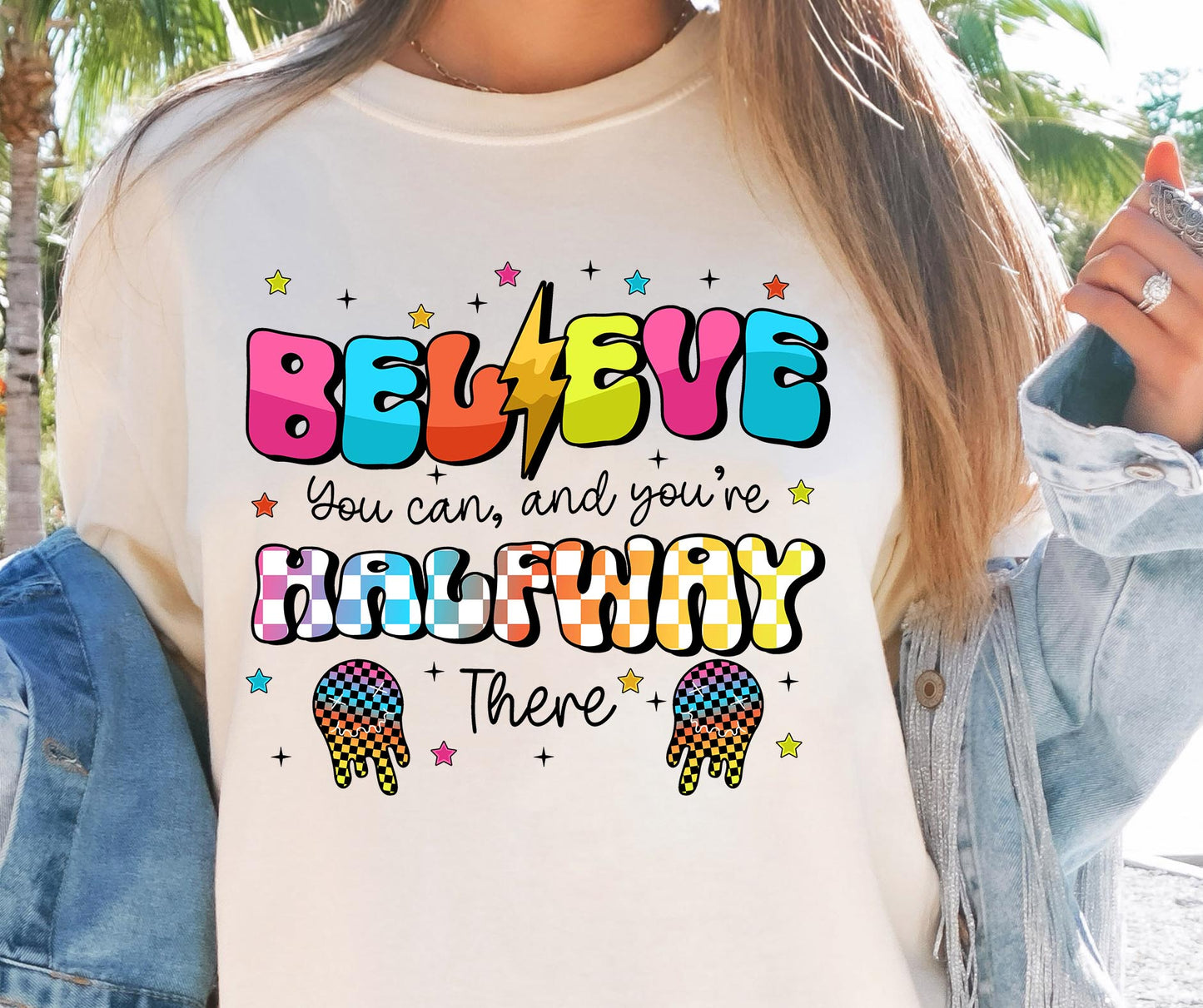 Believe you can and your half way there T-shirt Png Design, Retro Hippy Sublimation, motivational Digital Download PNG File, Commercial Use