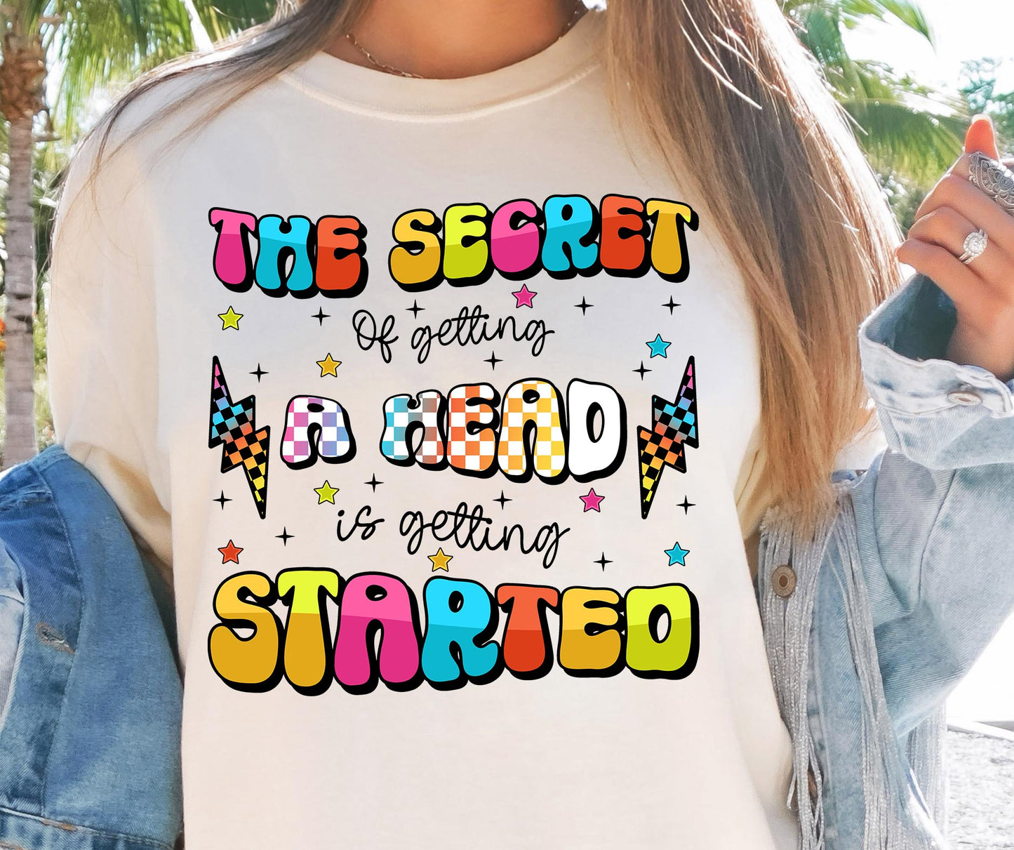 The secret of getting ahead is getting started T-shirt Png Design, Retro Hippy Sublimation,  Inspirational Digital Download PNG File, Commercial Use (1)