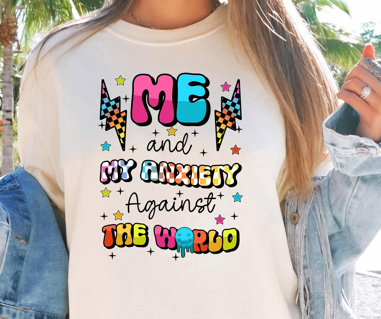 Me and my anxiety against the world T-shirt Png Design, Retro Hippy Sublimation, Inspirational  Digital Download PNG File, Commercial Use (1)