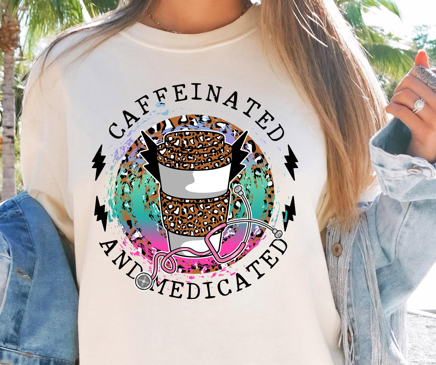 Caffinated and medicated T-shirt Png Design, Retro Hippy Sublimation, Smile Digital Download PNG File, Commercial Use