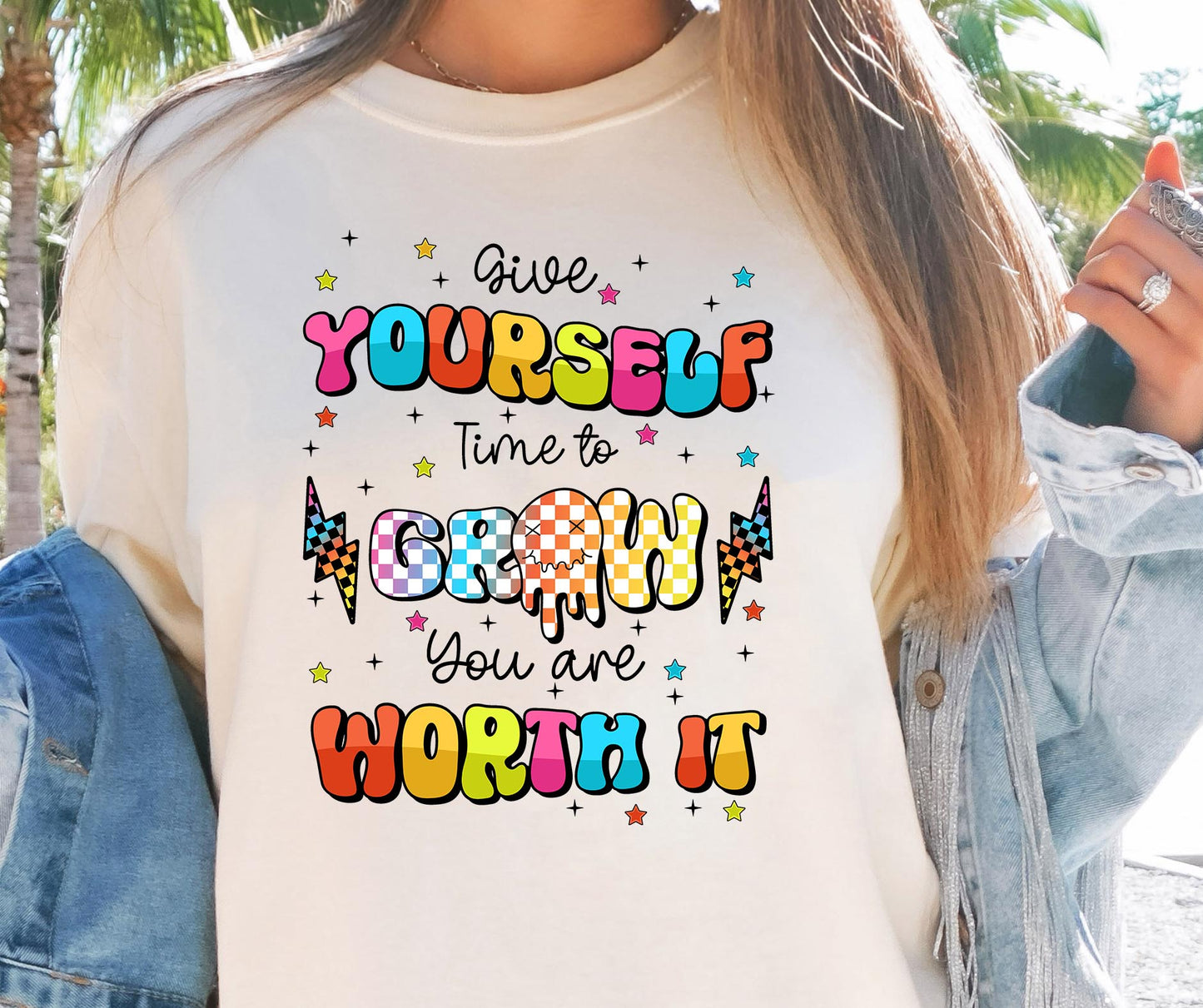 Give yourself time to grow you are worth it T-shirt Png Design, Retro Hippy Sublimation, Inspirational Digital Download PNG File, Commercial Use (1)