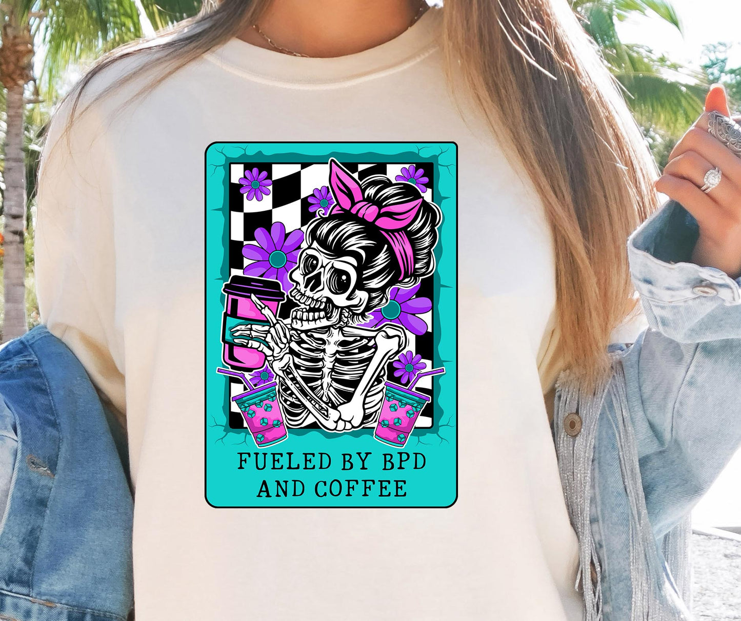 Fueled by BDP and Coffee T-shirt Card Png Design, Retro Hippy Sublimation, Skeleton  Digital Download PNG File, Commercial Use (1)