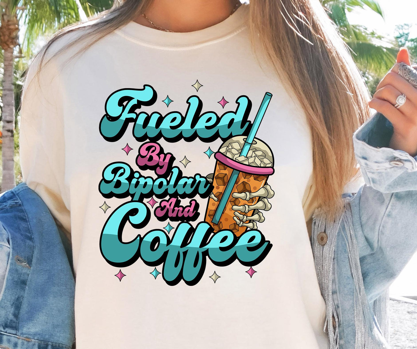 Fueled by Bipolard and COffee T-shirt Png Design, Retro Skeleton Sublimation, Funny Mental health Digital Download PNG File, Commercial Use