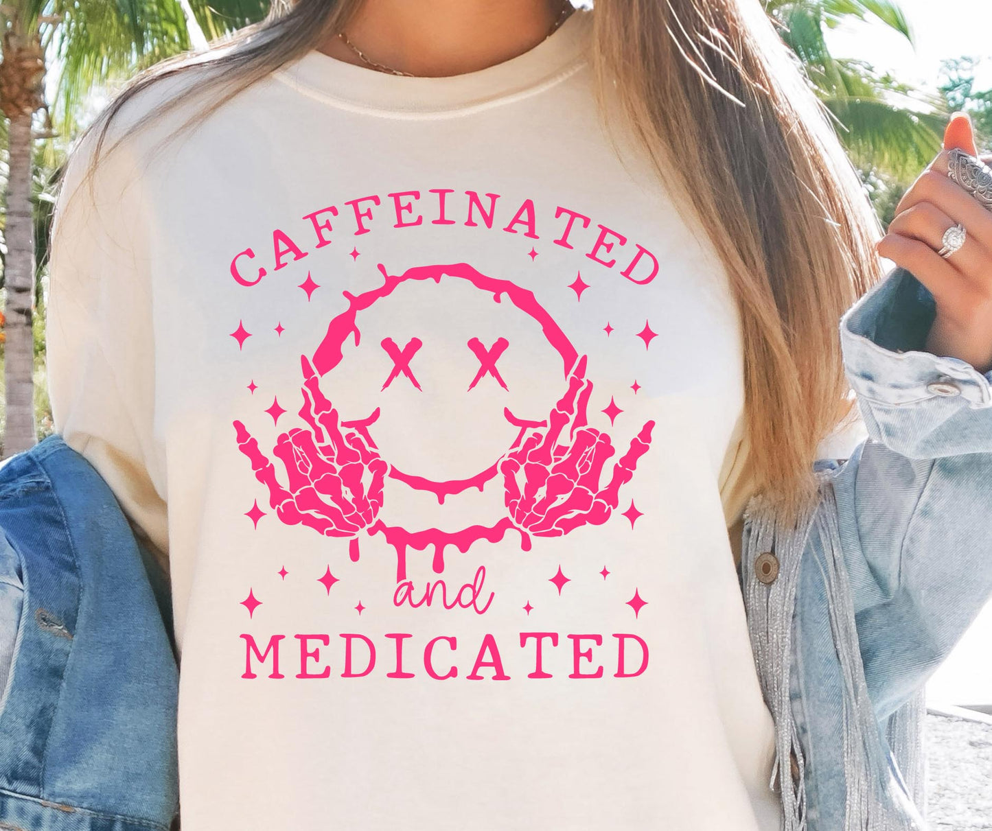 Cafeinated and Medicated T-shirt Png Design, Retro Smile Skeleton Sublimation, Groovy Gothic Digital Download PNG File,