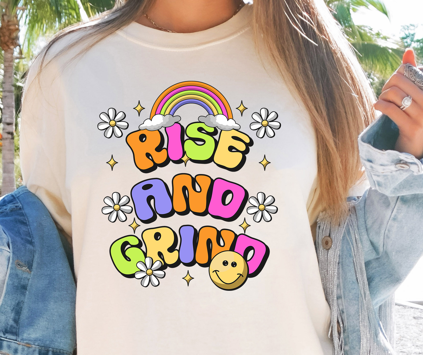 Rise and Grind Rainbow Emoji T-shirt PNG Design,  Sublimation Tee Motivational Digital Download PNG File, Commercial Use