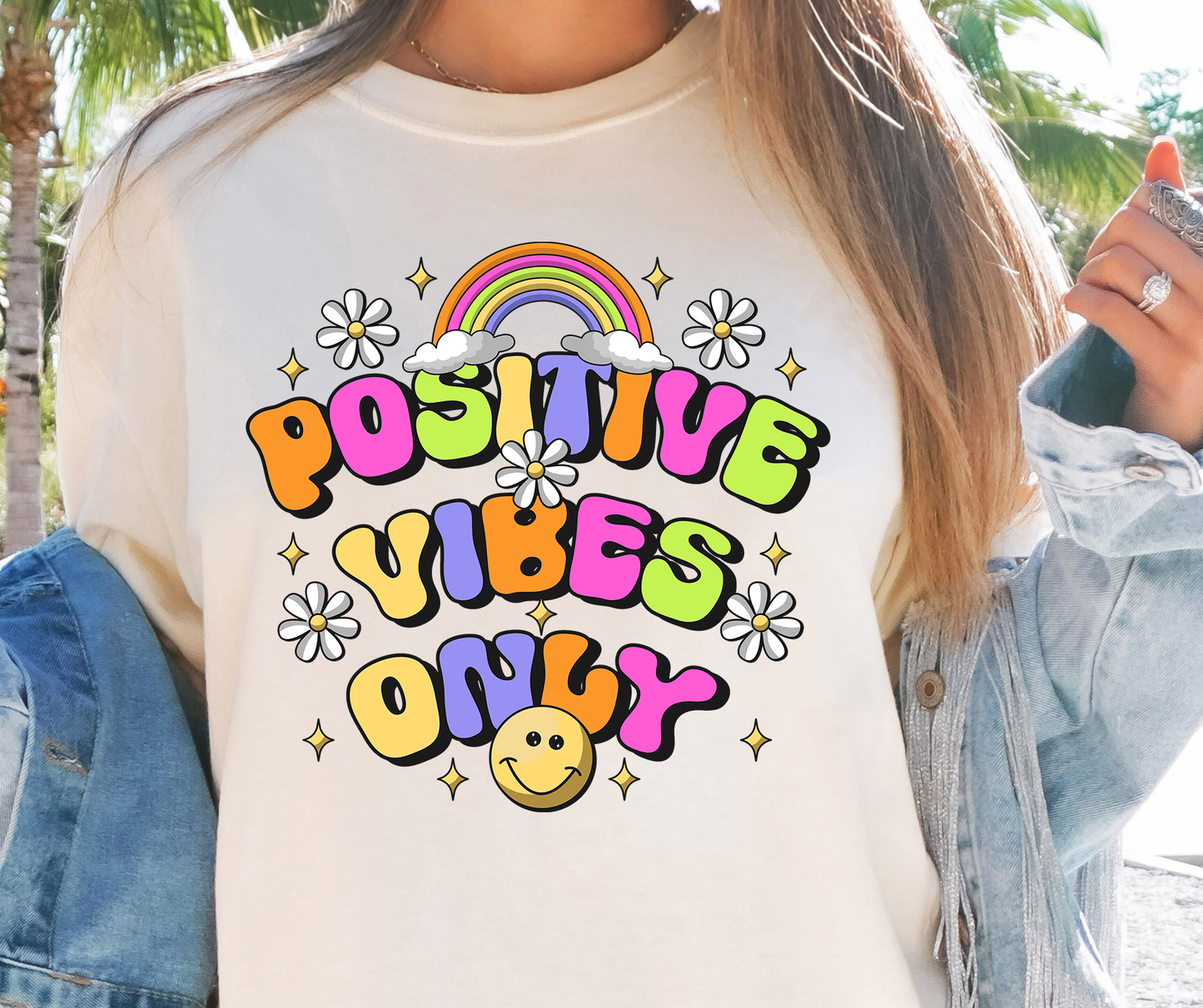 Positive Vibes Only Rainbow Emoji T-shirt PNG Design,  Sublimation Tee Motivational Digital Download PNG File, Commercial Use