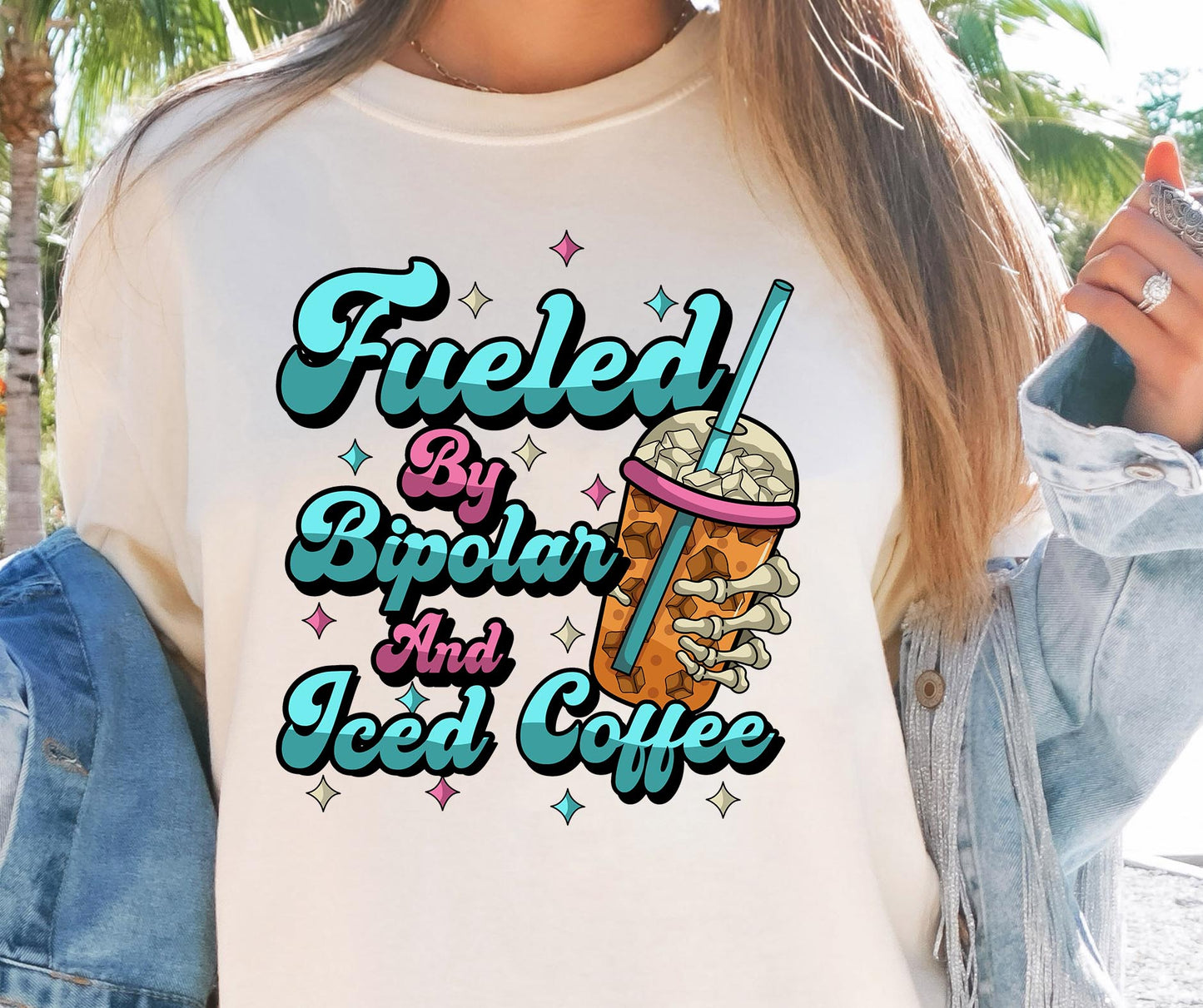 Fueled by Bipolar and Iced Coffee T-shirt Funny  Quote Png, Retro Groovy, Skeleton Png