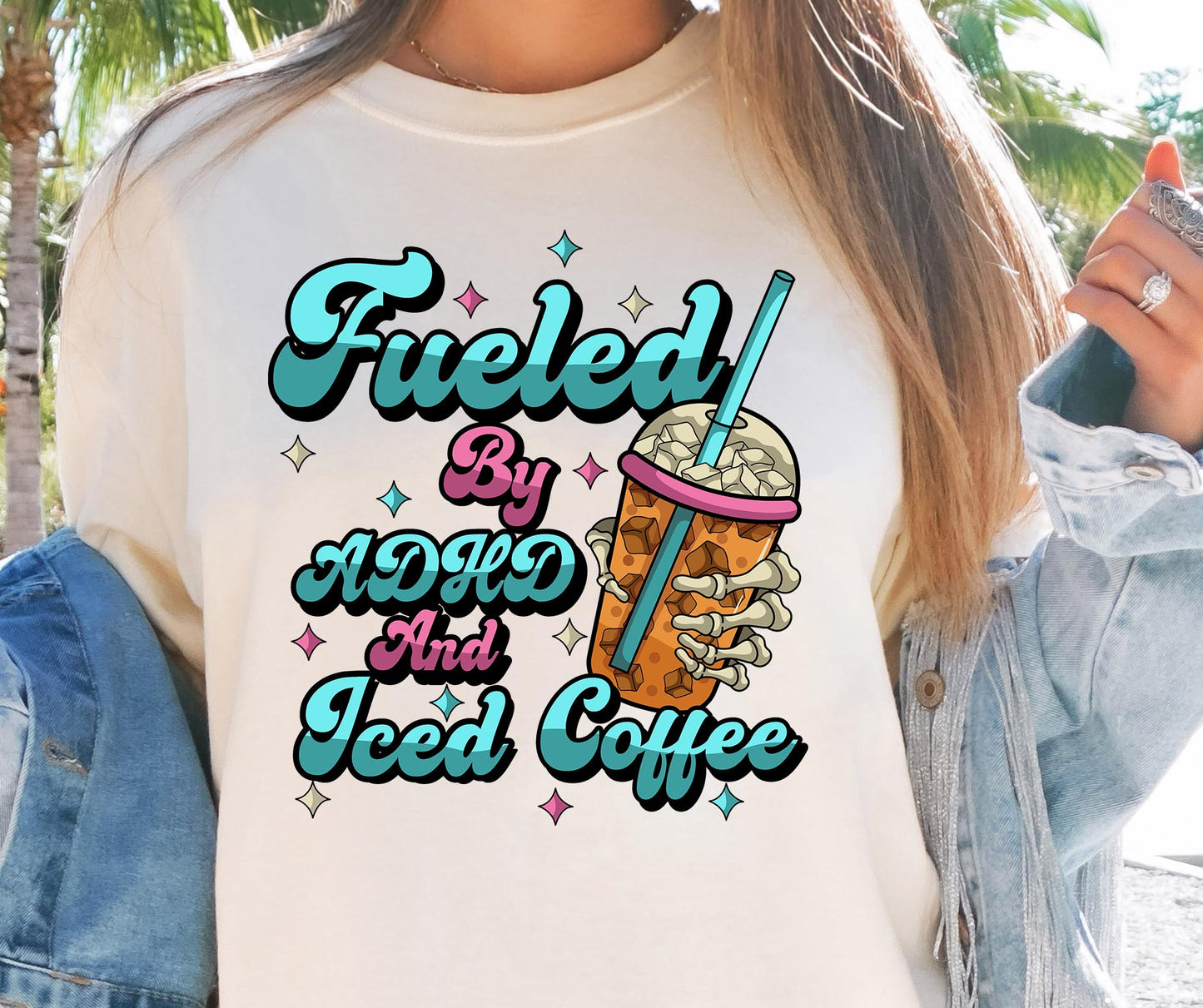 Fueled by ADHD and Iced Coffee T-shirt Funny  Quote Png, Retro Groovy, Skeleton Png