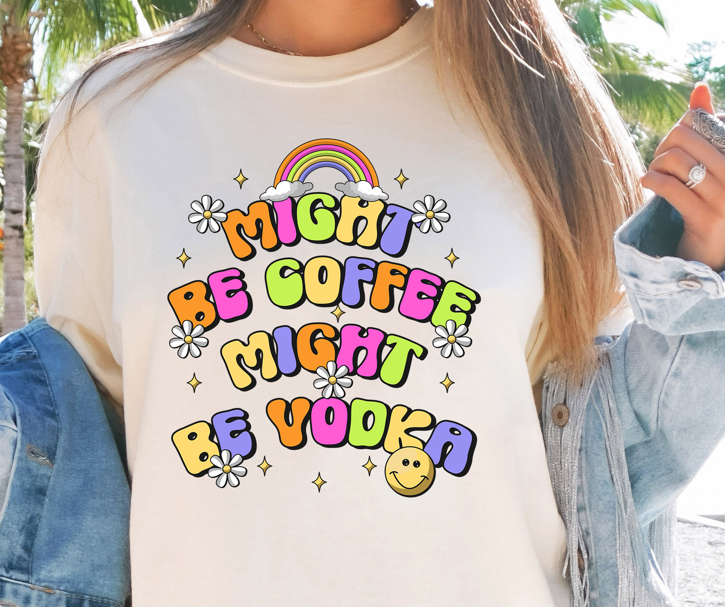 Might be Coffee Vodka Rainbow Emoji T-shirt PNG Design,  Sublimation Tee Motivational Digital Download PNG File, Commercial Use