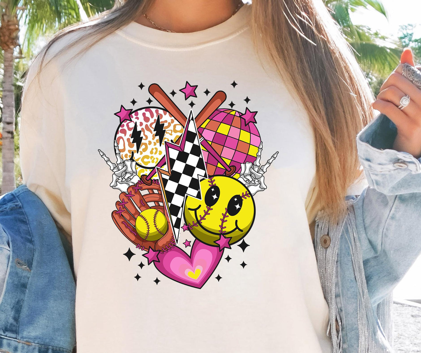 Pink Softball  Girls T-shirt Png Design, Retro Smile Sublimation, Groovy Vibes Digital Download PNG File, Commercial Use