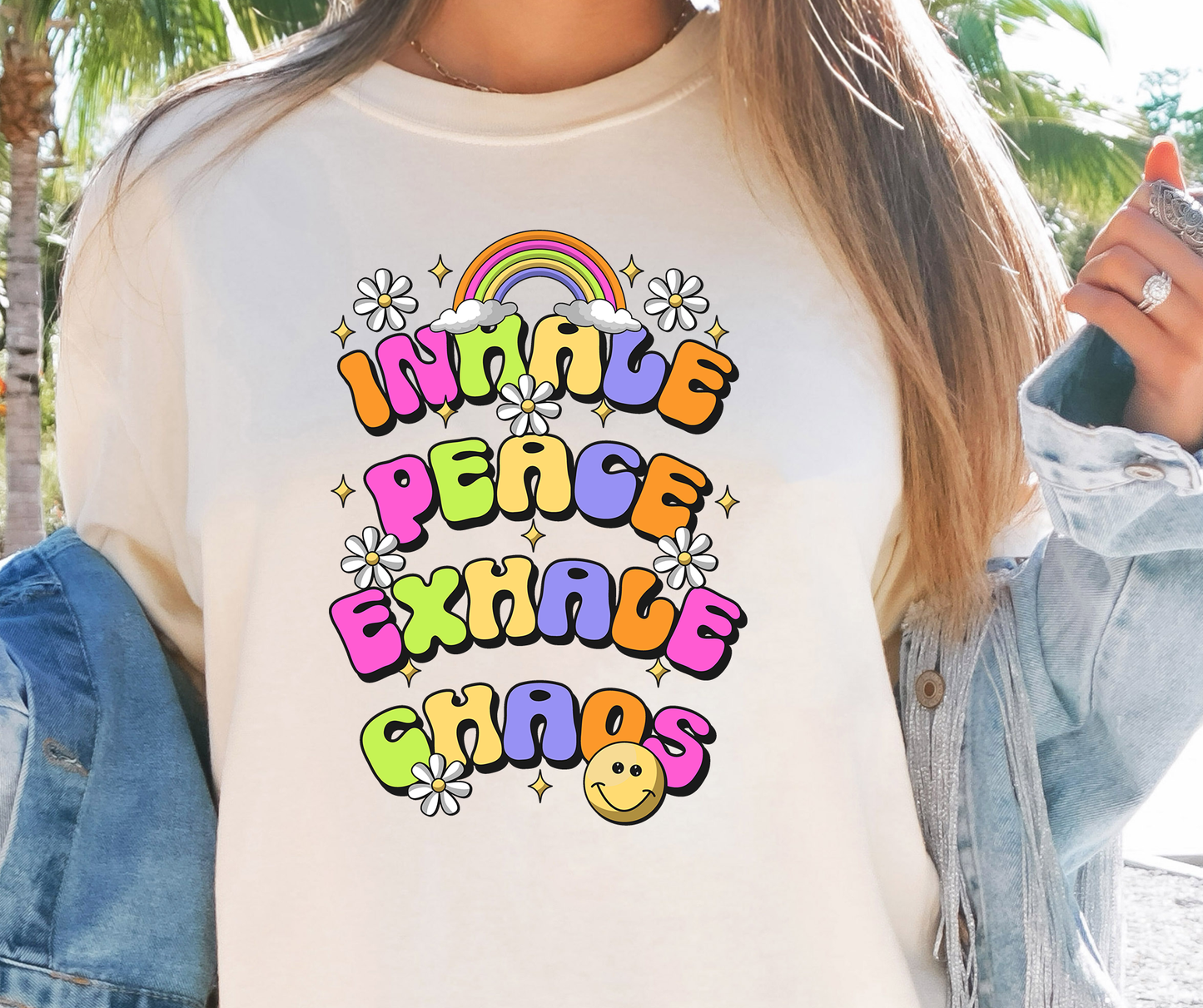 Inhale Peace Exhale Chaos Rainbow T-shirt PNG Design,  Sublimation Tee Motivational Digital Download PNG File, Commercial Use