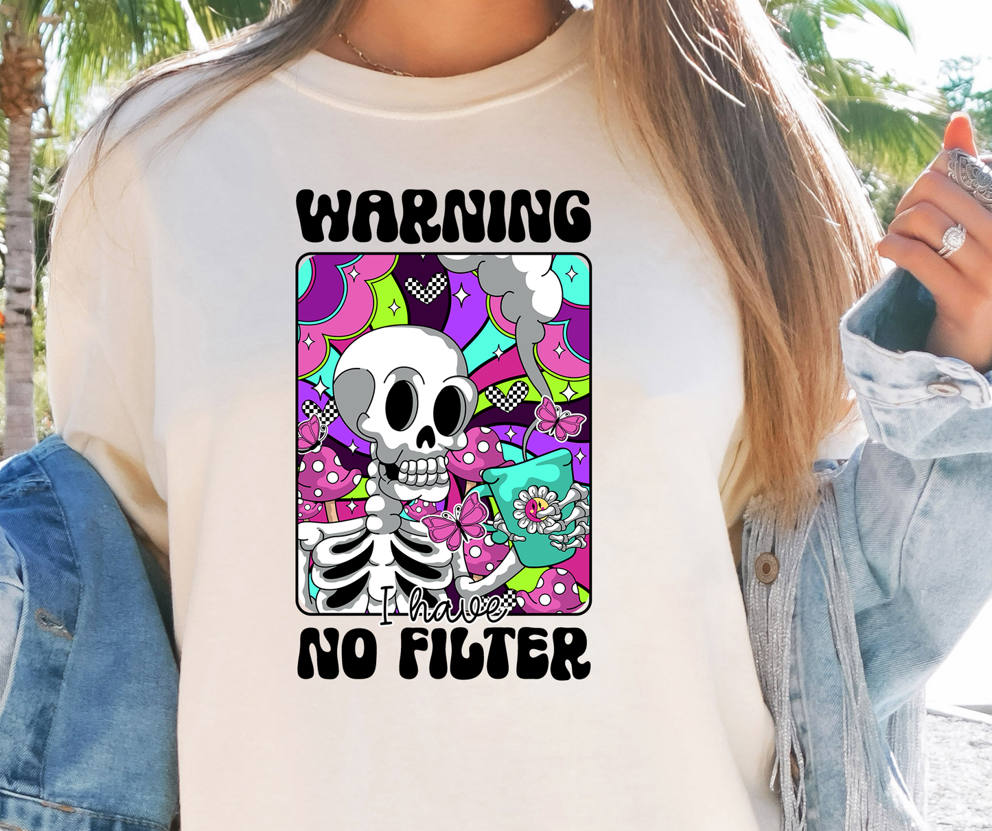 Warning No Filter Rainbow Skeleton T-shirt PNG Design,  Sublimation Tee Motivational Digital Download PNG File, Commercial Use