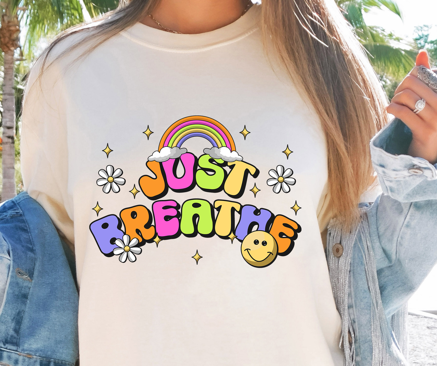 Just Breathe Rainbow T-shirt PNG Design,  Sublimation Tee Motivational Digital Download PNG File, Commercial Use