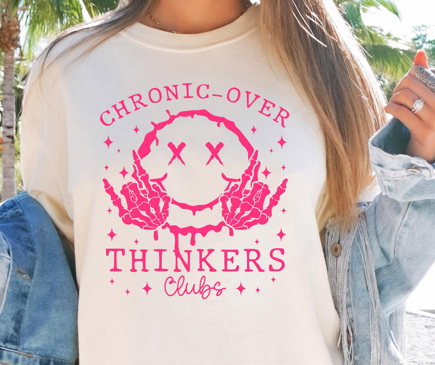 Chronic Overthinkers club T-shirt Png Design, Retro Smile Skeleton Sublimation, Groovy Gothic Digital Download PNG File,