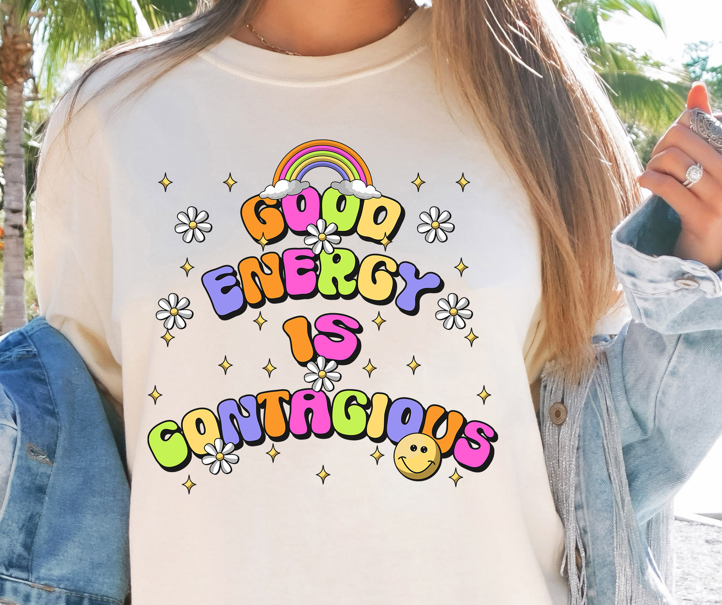 Good Energy Is Contagious Rainbow T-shirt PNG Design,  Sublimation Tee Motivational Digital Download PNG File, Commercial Use