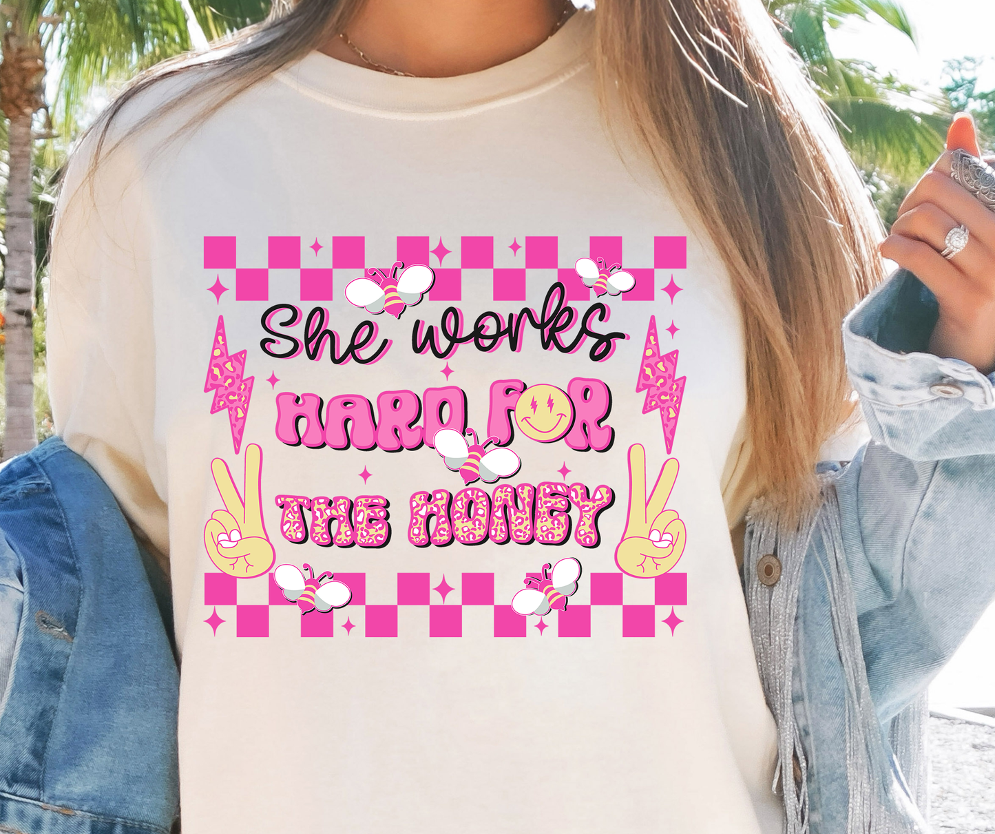 She Works Hard For The Money T-shirt PNG Design,  Sublimation Tee Motivational Digital Download PNG File, Commercial Use