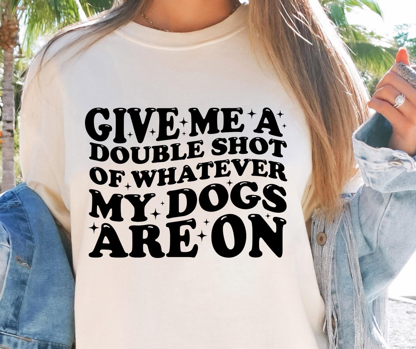 Give me a double shot of what my dogs are on T-shirt Svg Png Design, Retro Groovy Sublimation, Dog Mom  Digital Download PNG File, Svg File, Commercial Use Matching Pocket Front Back