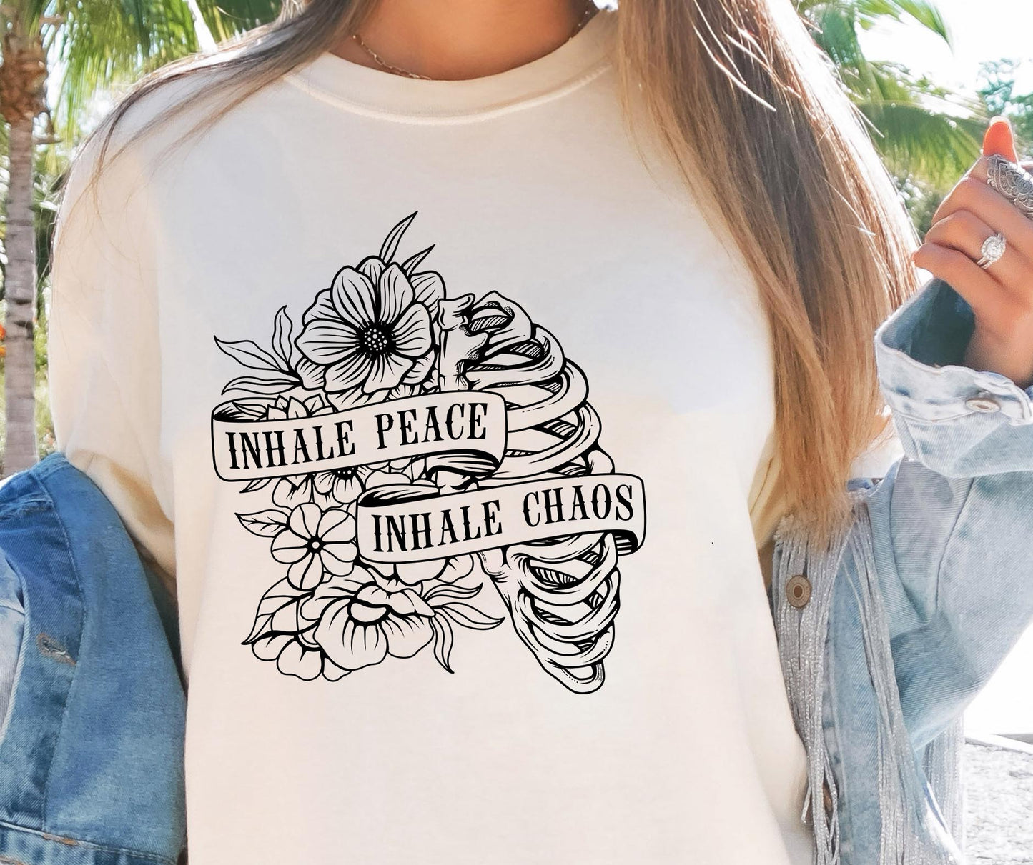 Inhale peace exhale chaos Boho T-shirt Png Design, Skeleton Floral Sublimation, Motivational Digital Download PNG File,