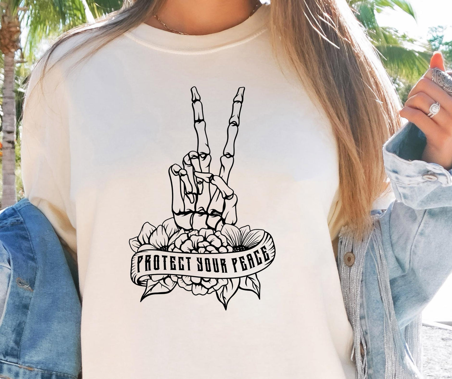 Protect your peace skellie peace sign  T-shirt Png Design, Skeleton Floral Sublimation, Motivational Digital Download PNG File,