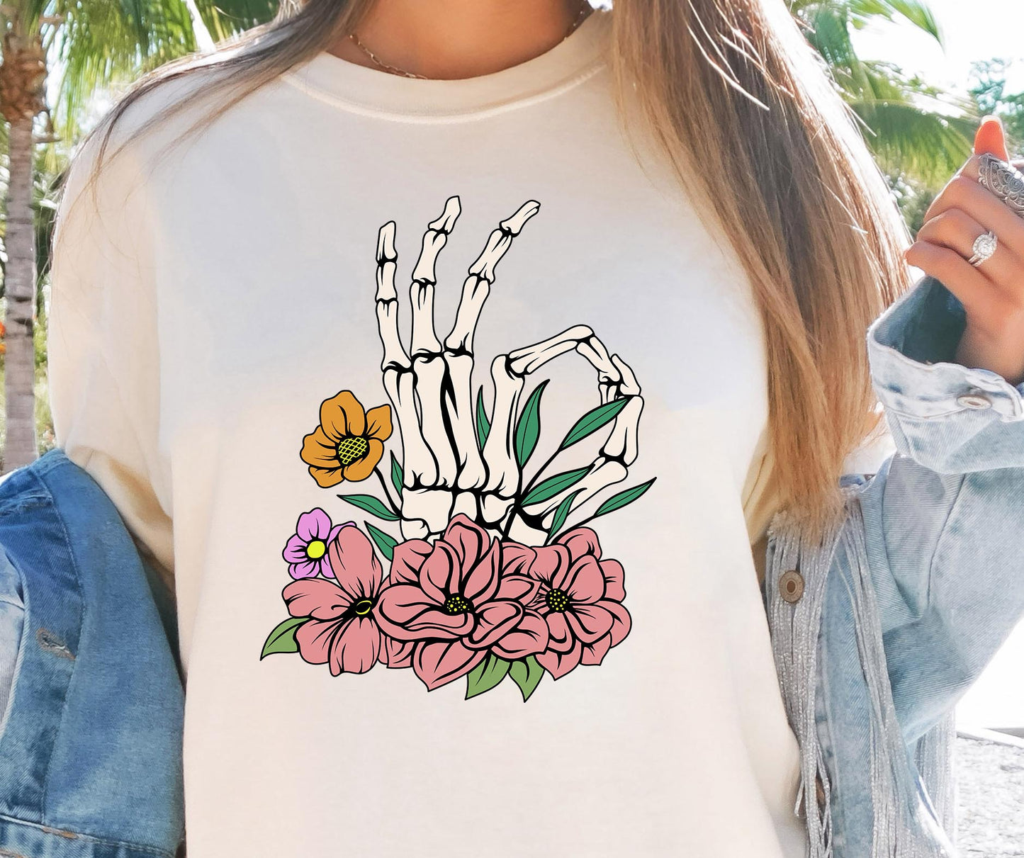 Sublimation PNG Sublimation PNG - Skellie Ok Hand Sign T-shirt Png Design, Skeleton Floral Sublimation, Motivational Digital Download PNG File,-Tumblerwrapdesigns